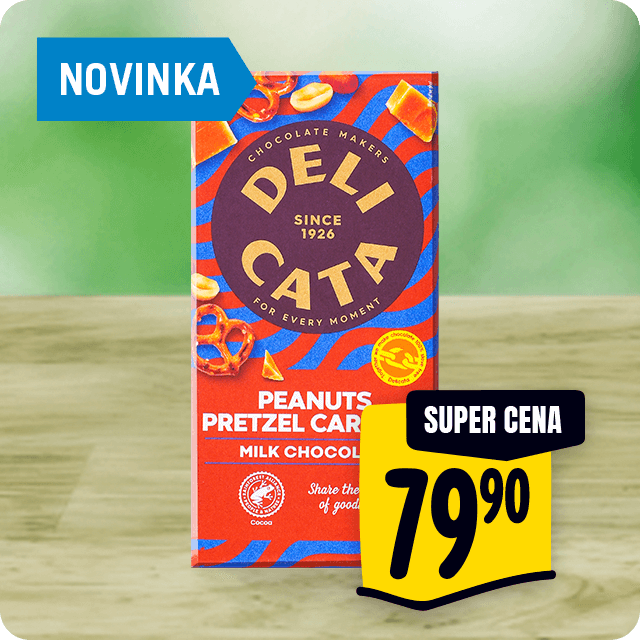 Mléčná čokoláda s kousky pražených arašídů, solených preclíků a karamelu
